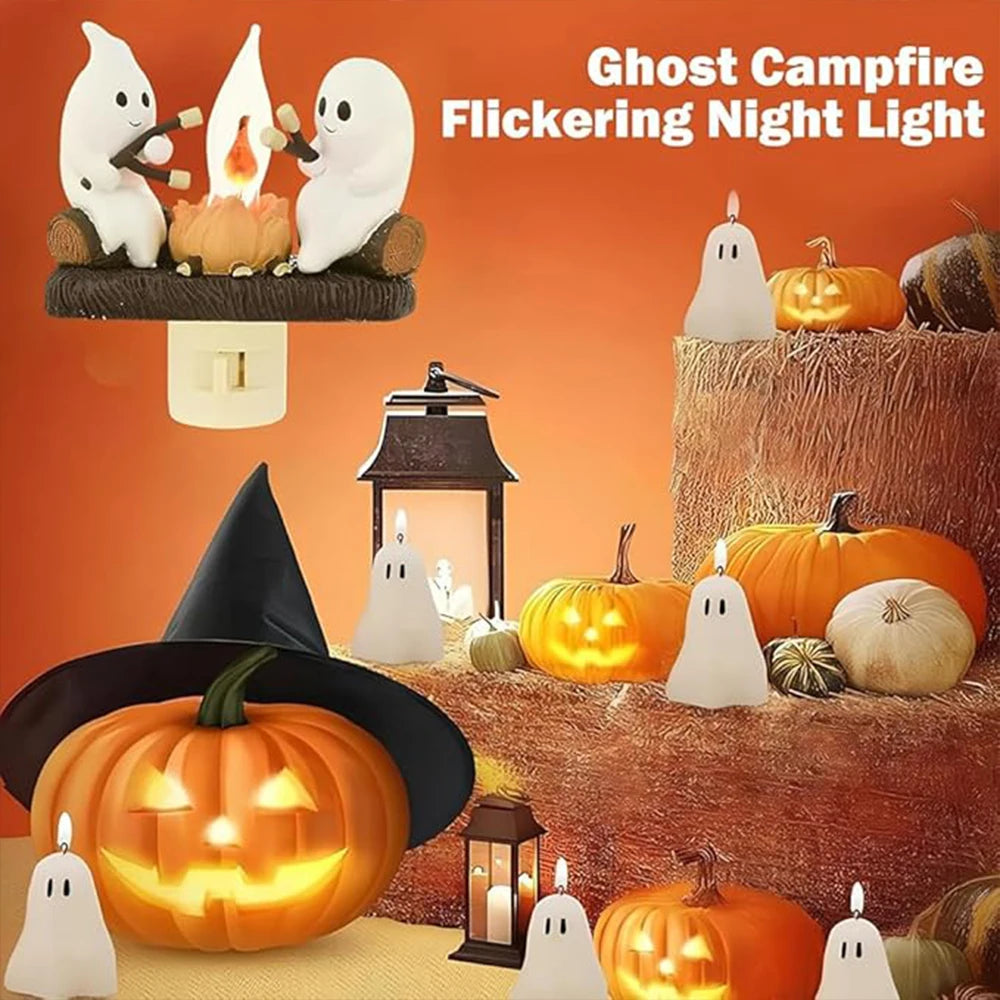 Ghost Campfire Flickering Nightlight Halloween Ghost Bonfires Flashing Lights 2 Ghosts Roasting Plug Wall Spooky Fire Nightligh