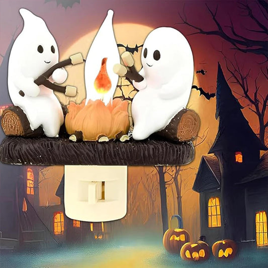 Ghost Campfire Flickering Nightlight Halloween Ghost Bonfires Flashing Lights 2 Ghosts Roasting Plug Wall Spooky Fire Nightligh