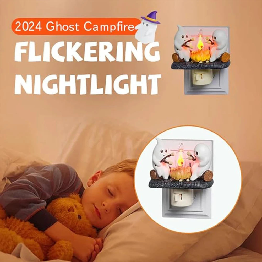 Ghost Campfire Flickering Nightlight Halloween Ghost Bonfires Flashing Lights 2 Ghosts Roasting Plug Wall Spooky Fire Nightligh